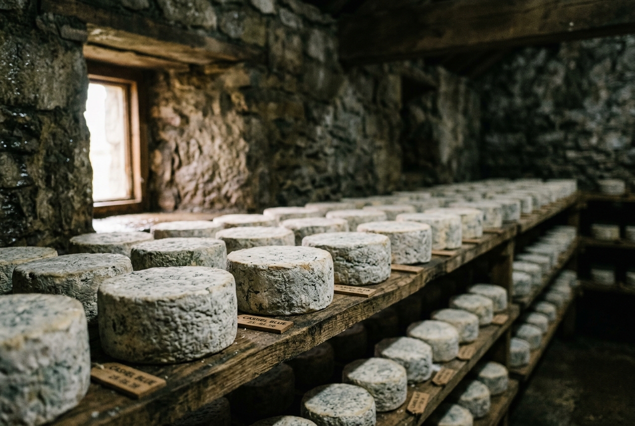 Cheese wheels maturing on wooden shelves