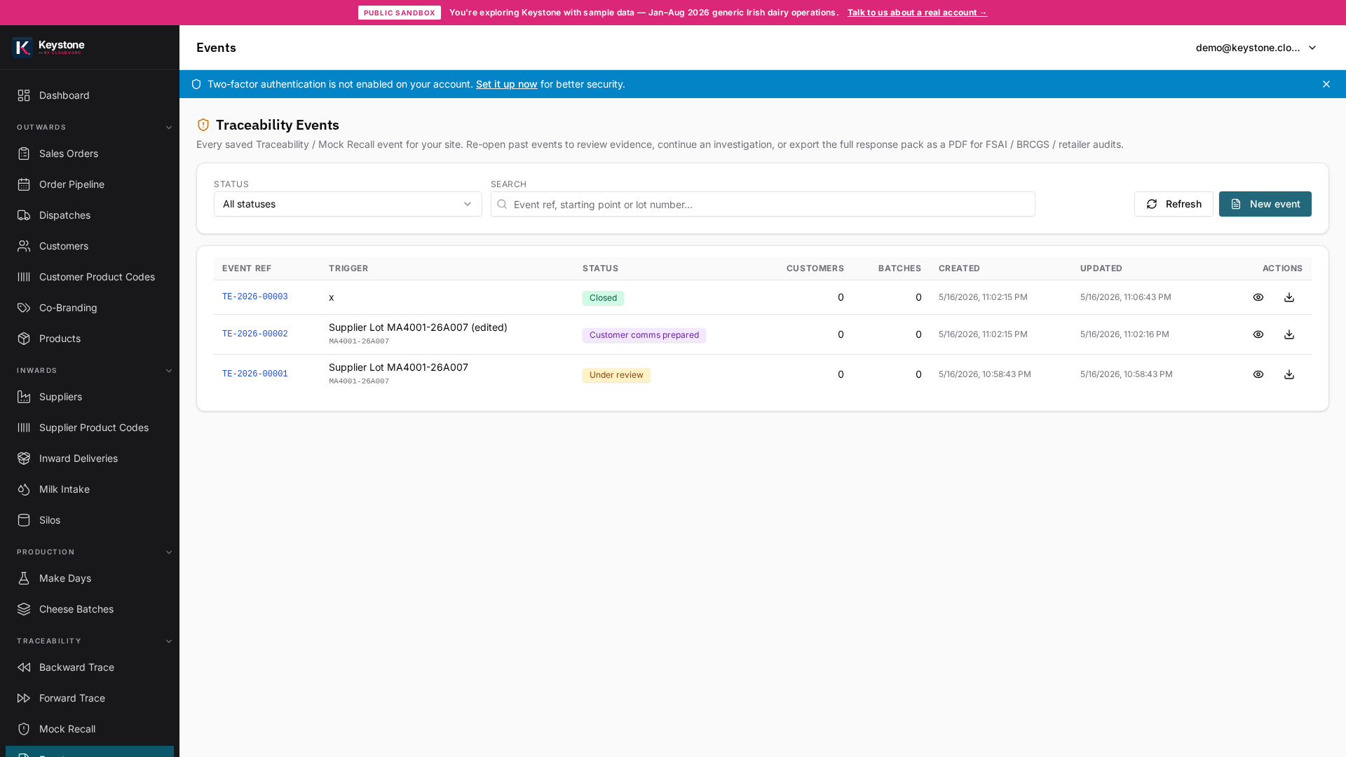Keystone — Traceability Events list with status workflow and PDF response pack export