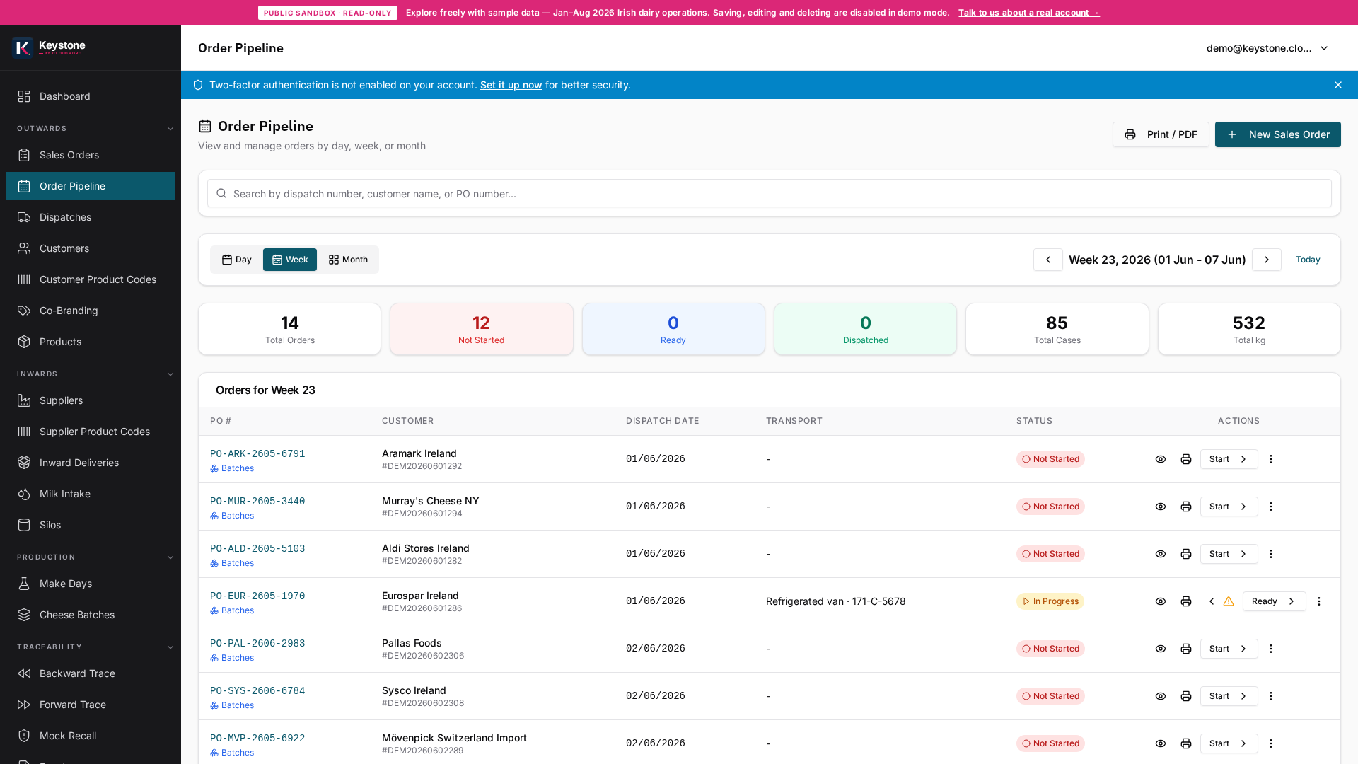 Keystone Sales Orders pipeline (Public Sandbox demo data), draft / in-progress / locked / dispatched columns with per-customer counts.
