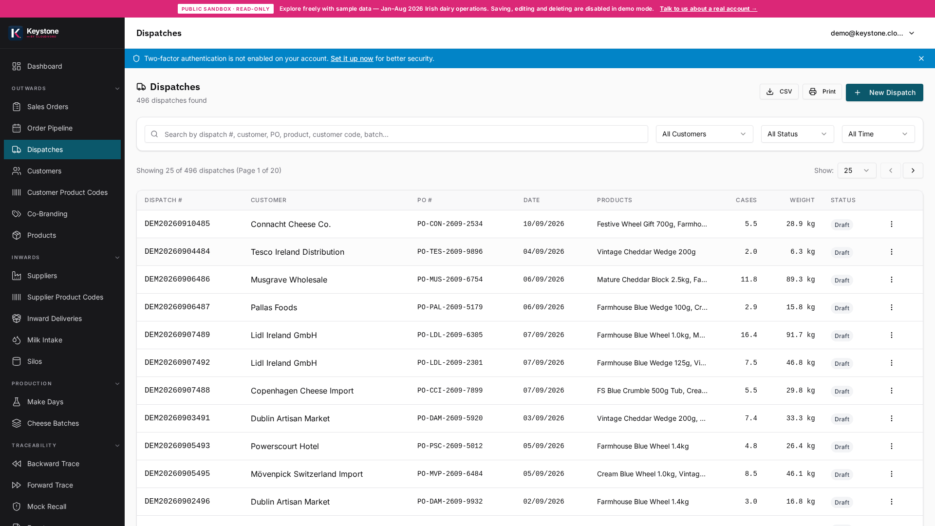 Keystone Dispatches (Public Sandbox demo data), filterable by customer / PO / status with per-line batch codes and dispatch weights.