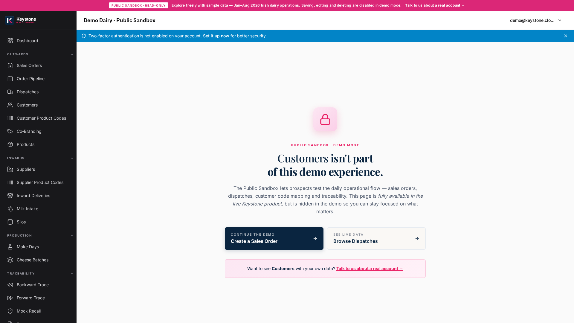 Keystone Customers (Public Sandbox demo data), retailer codes, delivery windows and private-label SKU mappings.