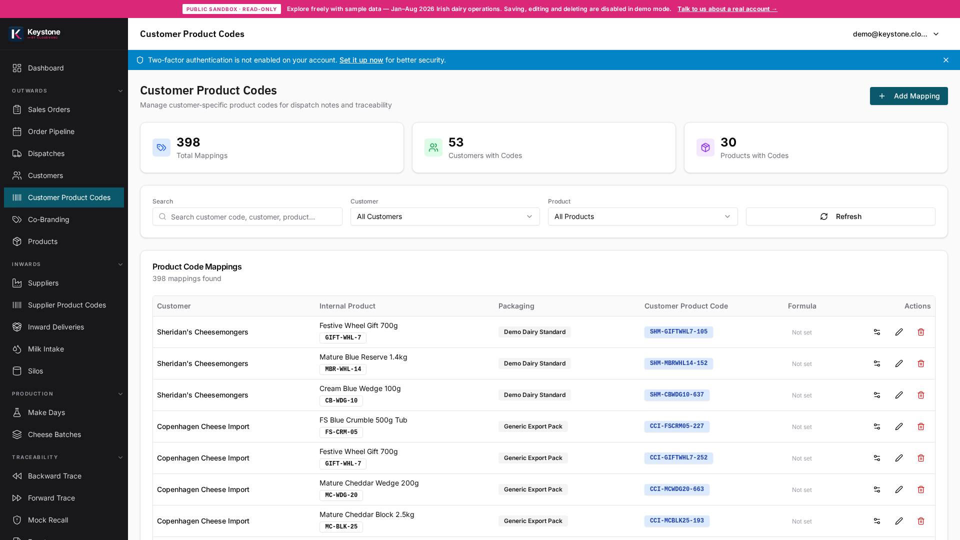 Keystone SKU mapping (Public Sandbox demo data), your product code alongside every retailer’s code for the same SKU.